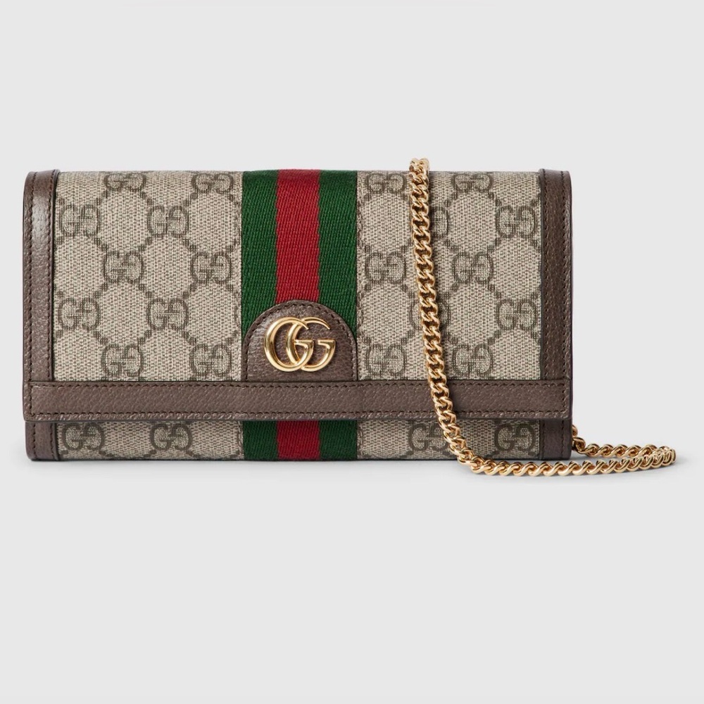 Gucci Beige GG Canvas Crossbody Wallet with Brown Trim and Green-Red Web